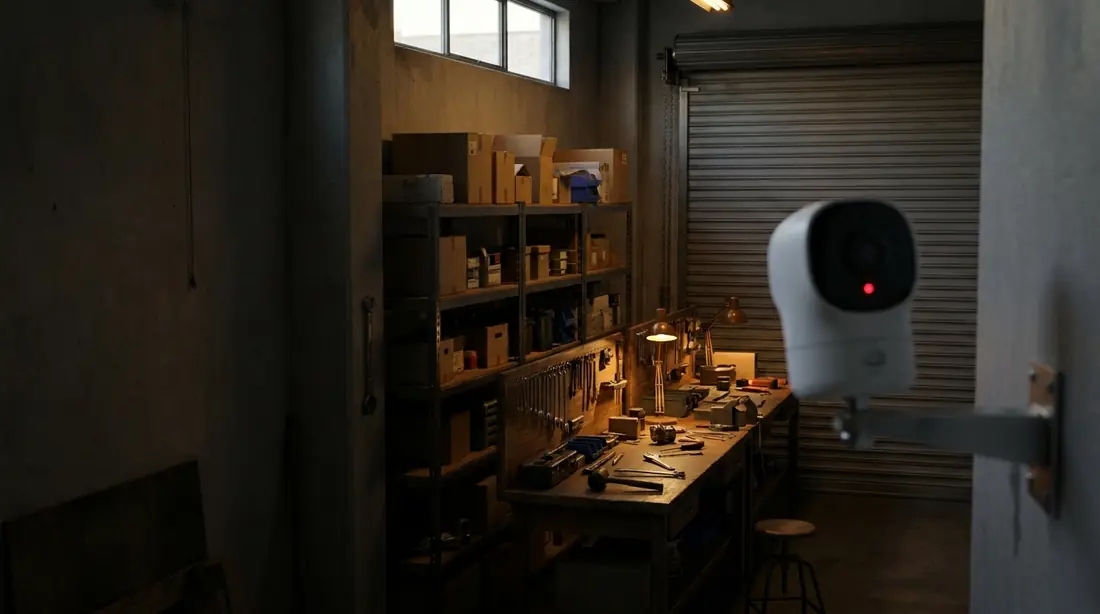 A small workshop in the evening with a wall-mounted security camera